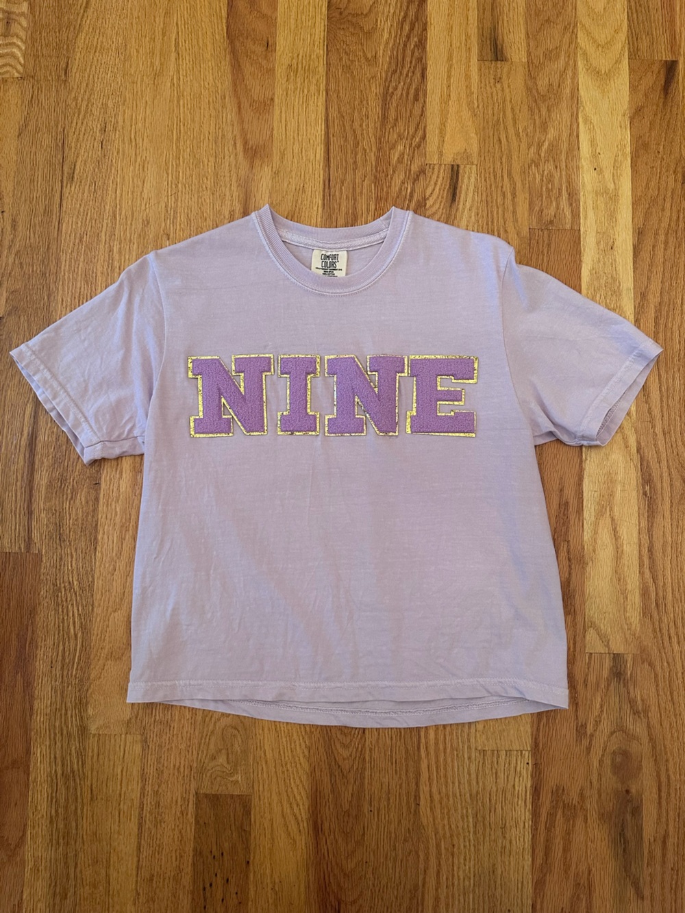NINE 9 Birthday Shirt Lavender Tee Gold Chenille Patches Comfort Colors